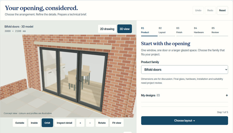 VitrineAlu online door designer with layout and finish controls