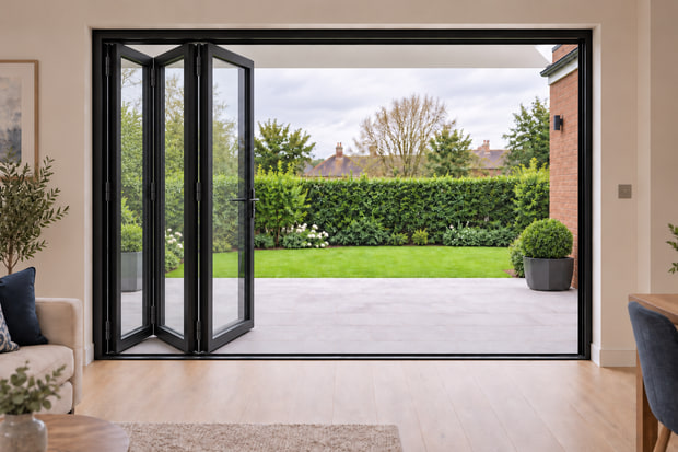 Illustration of three connected anthracite aluminium bifold leaves partly folded beside the opening